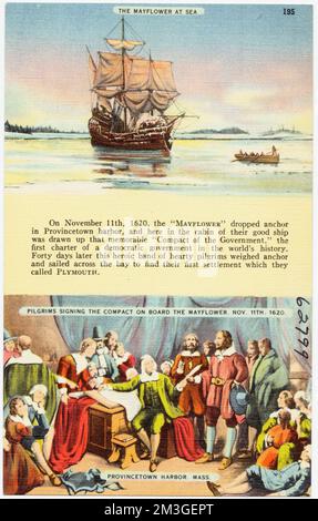 Die Mayflower auf See, Pilger unterzeichnen den Pakt an Bord der Mayflower, 11.. November 1620. Provincetown Harbor, Massachusetts, Usa Segelschiffe, Pilger, Mayflower-Schiff, Tichnor Brothers Collection, Postkarten der Vereinigten Staaten Stockfoto