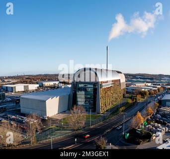 Luftaufnahme des Werks Veolia Leeds Recycling und Energierückgewinnung in Leeds, wo Haushaltsabfälle verbrannt werden, um saubereren Strom zu erzeugen Stockfoto