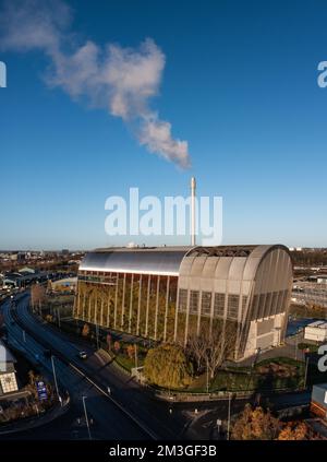 Luftaufnahme des Werks Veolia Leeds Recycling und Energierückgewinnung in Leeds, wo Haushaltsabfälle verbrannt werden, um saubereren Strom zu erzeugen Stockfoto