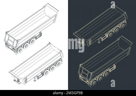 Stilisierte Vektordarstellung isometrischer Entwürfe eines Aufliegers mit Kipper Stock Vektor