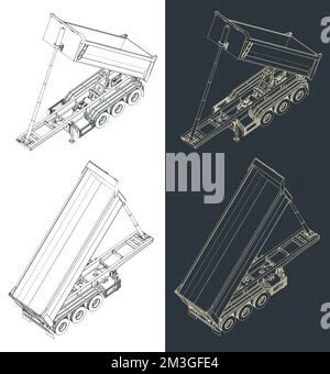 Stilisierte Vektordarstellung isometrischer Entwürfe eines Aufliegers mit Kipper Stock Vektor