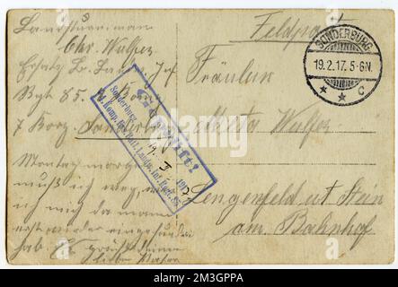 Rückseite einer Feldpostkarte, datiert von 17.02.1917 Stockfoto