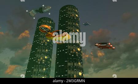 Luftfahrzeuge, die zwischen Gebäuden fliegen Stockfoto