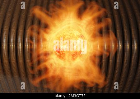 Atomkerne von Wasserstoff werden kombiniert, um sonnenähnliche Energie in einem Reaktor zu erzeugen. Das Konzept der Kernfusion und ihre Nachhaltigkeit und saubere Energie Stockfoto