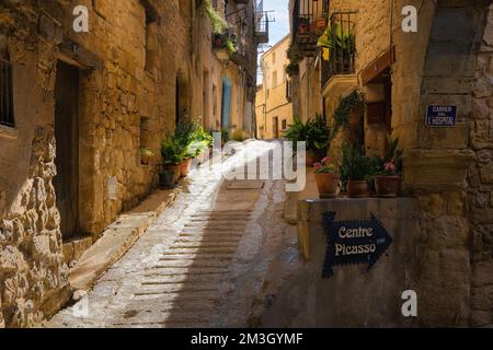 Blick auf das historische Zentrum von Horta de Sant Joan, Katalonien, Spanien. Stockfoto