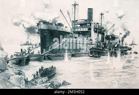 Die historische Landung vom Fluss Clyde in Sedd-el-Bahr Gallipoli am 25. 1915. April. Stockfoto