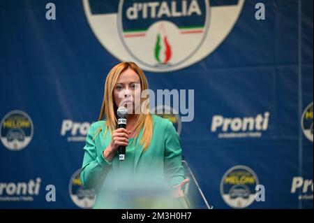 Der Parteiführer der "Fratelli d'Italia" Giorgia Meloni während einer Wahlkundgebung für den bevorstehenden nationalen Wahltag in Turin, Italien Stockfoto