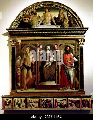 Madonna und Kind mit Heiligen, St. Onofrio und St. Bartolomeo Christian von Pietro di Francesco Orioli, italienischer Maler der Renaissance von 1458 bis 1496. Italien, Italienisch. Stockfoto