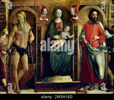 Madonna und Kind mit Heiligen, St. Onofrio und St. Bartolomeo Christian von Pietro di Francesco Orioli, italienischer Maler der Renaissance von 1458 bis 1496. Italien, Italienisch. Stockfoto