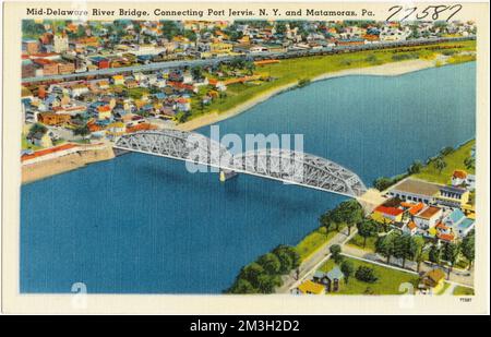 Mid-Delaware River Bridge, die Port Jervis, N. Y. und Matamoras, Pa. Verbindet , Brücken, Flüsse, Tichnor Brothers Collection, Postkarten der Vereinigten Staaten Stockfoto
