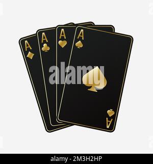 Ein Fan von Spielkarten, bestehend aus vier schwarzen und goldenen Pik-Ass, Diamanten, Clubs, Herzen. Vektor-Illustrations-Poker und Casino von allen Ass Stock Vektor