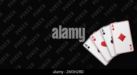 Ein Fan von Spielkarten, bestehend aus vier schwarzen und roten Pik-Ass, Diamanten, Clubs, Herzen. Vektorbildpoker und Casino aller Asse Stock Vektor