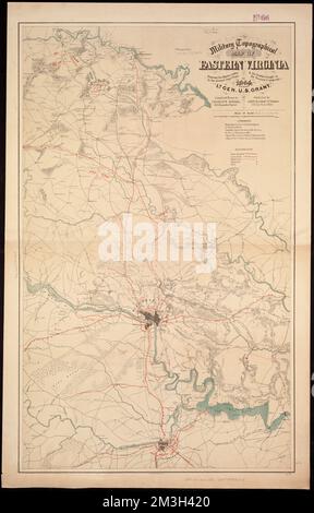 Militärische topographische Karte von Ost-Virginia, die die Routen der verschiedenen Armeekorps und die Schlachten zeigt, die im gegenwärtigen Wahlkampf von 1864 unter LT. General U. S. Grant, Wilderness, Battle of the, VA, 1864, Karten, Spotsylvania Court House, Battle of, VA, 1864, Karten, Virginia, Geschichte, Bürgerkrieg, 1861-1865, Karten Norman B. Leventhal Kartenzentrum Sammlung Stockfoto