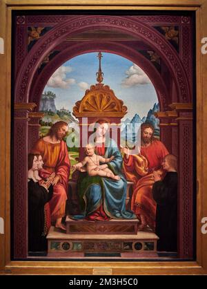 Madonna col Bambino con S. Giacomo, S. Filippo e la famiglia di Antonio Busti - olio su tavola - Bernardo Zenale - 1518 - Mailand, Italia, Pinacot Stockfoto