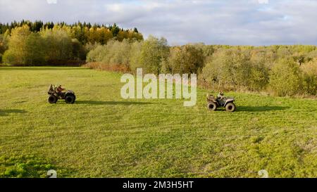 Grünes Sommerfeld. Clip. Ein Blick von einer Drohne für einen Spaziergang mit Quad auf einem hellen Feld in der Nähe eines Waldes. Hochwertige 4K-Aufnahmen Stockfoto