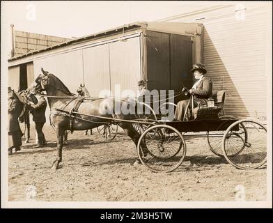 Miss Alice Sargent in Larz Anderson Pferd und Buggy, Miss Dorothy Forbes schaut zu, Brookline Reitschule, Pferde, Kutschen und Kutschen. Leon Abdalian Kollektion Stockfoto