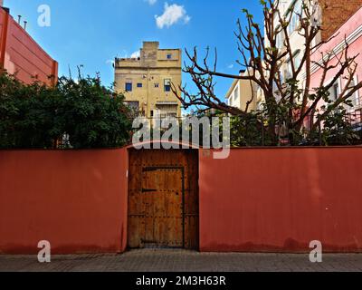 Rote Wand und Tür. Eingang eines Hauses mit Garten. Gracia Quarter, Barcelona, Spanien. Stockfoto