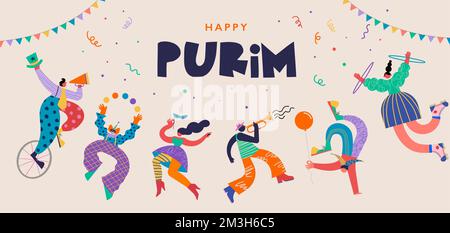 Happy Purim - jüdischer Urlaub, Karneval. Farbenfroher geometrischer Hintergrund mit abstrakten Menschen, Clowns, Musikern, Tänzern Stock Vektor