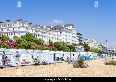 Eastbourne East Sussex Eastbourne Beach - Menschen, die die Sonne vor den Strandhütten am Eastbourne Beach Eastbourne East sussex England GB Europa genießen Stockfoto