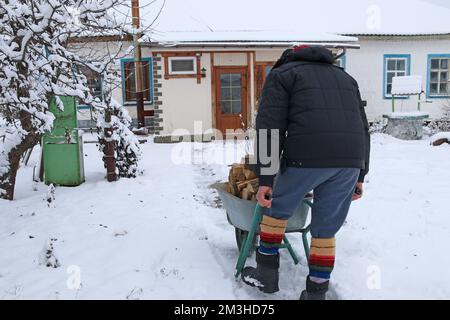 Ein alter Mann trägt Feuerholz auf einer Schubkarre, um das Haus zu heizen Stockfoto