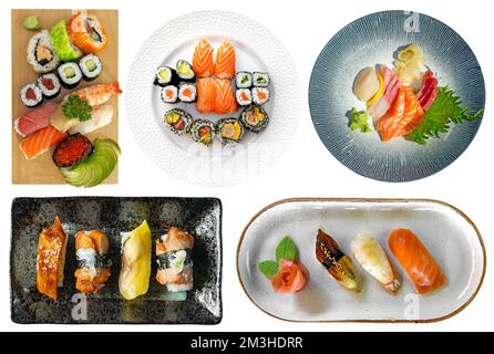 Verschiedene Sorten von Sushi und Sashimi, die auf weißem Hintergrund serviert werden. Ausgeschnittenes japanisches Essen, Blick von oben Stockfoto