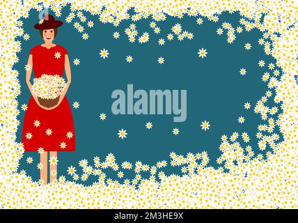 Eine Frau in einem roten Kleid mit einem Blumenkorb. Frühlingshintergrund und Platz für Text. Stockfoto