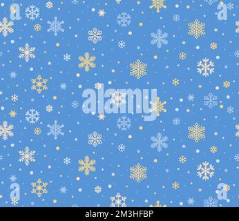 Schneeflocken-Muster. Nahtloser weihnachtlicher goldblauer Schneeflocken-Hintergrund. Vektor-Schneeflockenmuster. Stock Vektor