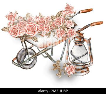 Aquarelle Darstellung rostiger Elemente mit Rosen. Ein altes rostiges Emaille-Element. Handgezeichnet in Aquarell auf weißem Hintergrund. Perfekt für die Hochzeit Stockfoto