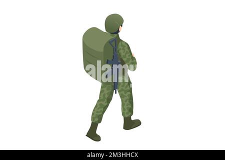 Isometrischer Militärrucksack Krieg, Wandern, Armee, Tarnausrüstung. Soldat der Armee in Schutzkleidung mit Kampfgewehr Stock Vektor