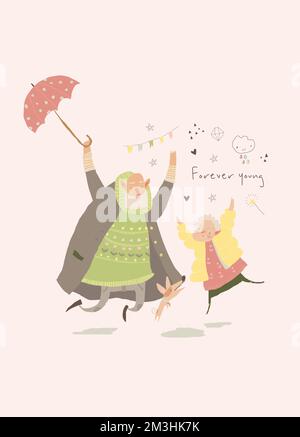 Cartoon ein glückliches älteres Paar genießt Regen. Valentinskarte Stock Vektor