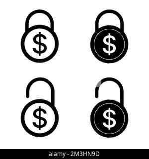 Symbol für den Sperrblock für Dollarmünzen. Symbol für offenes und geschlossenes Vorhängeschloss. Vektordarstellung Stock Vektor