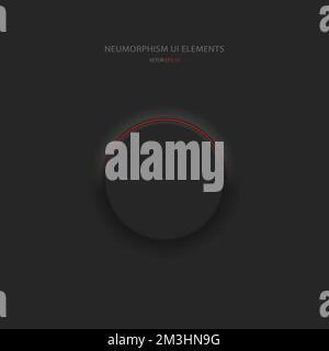 Runde schwarze Taste im neumorphen Stil mit roter Hintergrundbeleuchtung. Designelemente der Benutzeroberfläche. Stock Vektor
