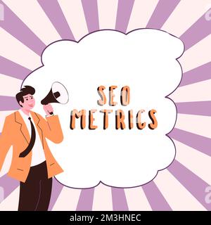 Handschriftlicher Text Seo Metrics. Business Showcase Messen Sie die Performance der Website für organische Suchergebnisse Stockfoto