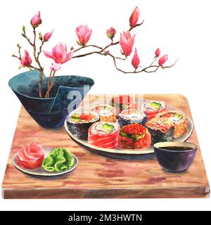 Aquarelle Darstellung von Sushi auf einem Teller, Ingwer und Wasabi, Sojasoße und Magnolienzweigen in einer japanischen Keramikvase auf einem Holzbrett, ein Set von o Stockfoto