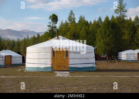 Jurtencamp an einem wunderschönen sonnigen Tag in der Mongolei. GER-Campingplatz im ländlichen Raum, Natur im Hintergrund. Stockfoto