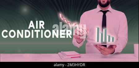 Schild mit der Aufschrift „Klimaanlage“. Betriebswirtschaftliche Geräte zum Waschen von Luft und zur Regelung von Luftfeuchtigkeit und Temperatur Stockfoto