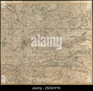 Eine neue und genaue Karte des Landes, 25 Meilen um London herum, auf der eine tatsächliche Besichtigung dargestellt ist, die Paläste seiner Majestät, Edelmännersitze, Städte, Marktstädte, Dörfer, Kirchen, Hütten, Flüsse, Mühlen, Parks, Wälder, Heiden und bemerkenswerte Hügel, alle Drehkreuze und Kreuzungen; mit den Entfernungen von Ort zu Ort, nach den Meilensteinen von John Andrews, Landvermesser, 1783 , London England, Karten, Frühe Arbeiten zur Norman B. Leventhal Map Center Collection 1800 Stockfoto