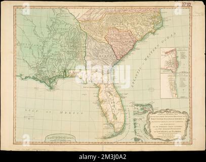 Eine neue und allgemeine Karte der südlichen Dominionen der Vereinigten Staaten von Amerika, d. h. North Carolina, South Carolina und Georgien: Mit den angrenzenden indischen Ländern, Und die spanischen Besitztümer von Louisiana und Florida , Indianer von Nordamerika, Südatlantik, Karten, frühe Werke bis 1800, Südstaaten, Karten, frühe Werke bis 1800, Charleston S.C., Karten, frühe Werke bis 1800, Saint Augustine Fla., Karten, frühe Werke bis 1800 Norman B. Leventhal Map Center Collection Stockfoto