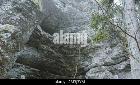 Steinklippe mit Höhleneingang oben. Clip. Draufsicht auf Steinmauer mit Höhle im Wald. Waldfelsen mit Felsen und Höhleneingang. Stockfoto