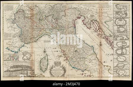 Eine neue Karte des oberen Teils Italiens mit dem Fürstentum Piemont Ye Dutchies von Savoy, Mailand, Parma, Mantua, Modena, Toskana, die Herrschaften von Ye Pope &c.. Die Republiquen von Venedig, Genua, Lucca &C. an seine heiligste Majestät George II König von Großbritannien, Frankreich und Irland, Elektor von Brunswick-Luneburg und c.. Diese Karte ist sehr bescheiden gewidmet , Italien, Norden, Karten, frühe Werke bis 1800, Italien, Karten, frühe Werke bis 1800, George II, König von Großbritannien, 1683-1760 Norman B. Leventhal Map Center Collection Stockfoto