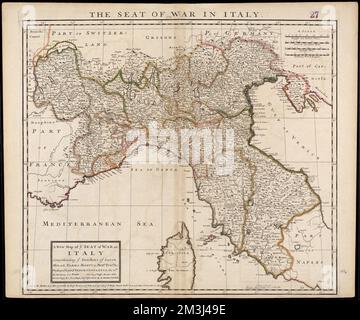 Eine neue Karte des italienischen Kriegssitzes : Verstehen der Dutchien von Savoyen, Mailand, Parma Mantua, Modna., Tuscny., &c. : Die Republiken von Venedig, Genua, Luca, &c. Wth., das Territorium von Ye Pope: Ye Pässe, Straßen, Hügel, Flüsse, Moore, &c. Laut Ihrer späten Beobachtungen, spanische Erbfolge, Krieg von 1701-1714, Karten, Frühe Arbeiten bis 1800, Italien, Karten, frühe Arbeiten bis 1800, Italien, Norden, Karten, frühe Arbeiten bis 1800 Norman B. Leventhal Map Center Collection Stockfoto