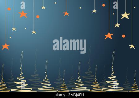 Hintergrund für eine Weihnachtskarte oder ein Banner. Blauer Hintergrund mit Sternen. Kreise und stilisierte Weihnachtsbäume. Vorlage. Einladung. Typographie. Stock Vektor