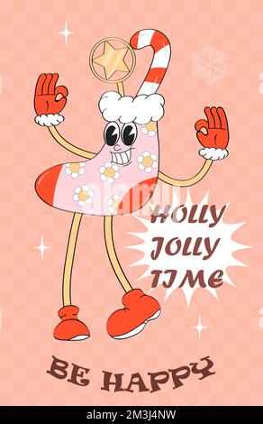 Groovy Christmas Banner Vector. Verrückte, lustige Socken, Silvesterbällchen. Süße Maskottchen-Figur Stock Vektor
