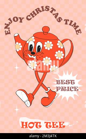 Groovy Christmas Banner Vector. Hipster-Kaffeetasse. Verrückte, lustige heiße Tasse, Neujahrskokao-Capuchinno. Stock Vektor