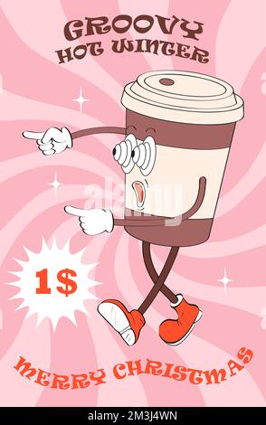 Groovy Christmas Banner Vector. Hipster-Kaffeetasse. Verrückte, lustige heiße Tasse, Neujahrskokao-Capuchinno. Stock Vektor