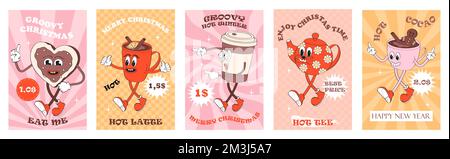 Groovy Weihnachtsbanner Vektor. Hipster-Kaffeetasse, Tee-Tasse. Verrückte, lustige heiße Tasse, Neujahrskokao-Capuchinno. Süßer Maskottchen-Cappuccino Stock Vektor