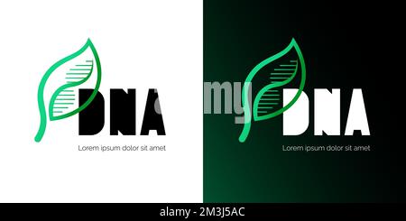 Natur-DNA-Spiralmolekül im Blattdesign. Medizin-Genhelix-Struktur-Logotypbegriff. Genetische molekulare Pflanze. Vorlage für kreative Vektoren für die Markenidentität im Bereich grüne Energie oder Biotechnologie Stock Vektor