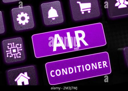 Schild mit der Aufschrift „Klimaanlage“. Betriebswirtschaftliche Geräte zum Waschen von Luft und zur Regelung von Luftfeuchtigkeit und Temperatur Stockfoto