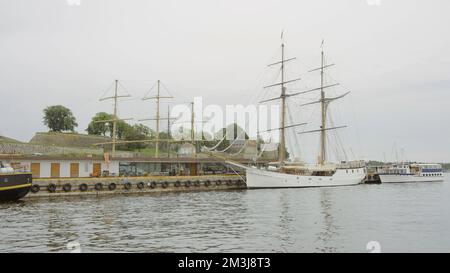 Flusshafen mit festgemachten Schiffen und Lastkähnen. Aktion. Konzept des Warentransports, Großschiff am Pier Stockfoto