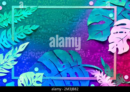 Neon lit vibrant background with light wires and exotic tropical leaves in glowing pink, purple and blue. Frame made from exotic paper leaves. Stock Photo